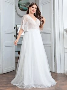 SHEIN Belle Plus Lace Panel Butterfly Sleeve Mesh Wedding Dress - White - View 6