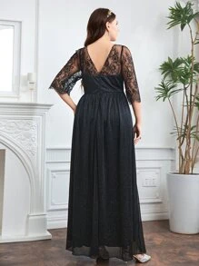 SHEIN Belle 大碼拼接蕾絲褶邊金屬亮絲伴娘洋裝