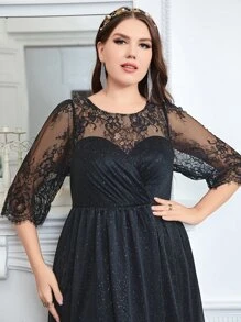 SHEIN Belle 大碼拼接蕾絲褶邊金屬亮絲伴娘洋裝