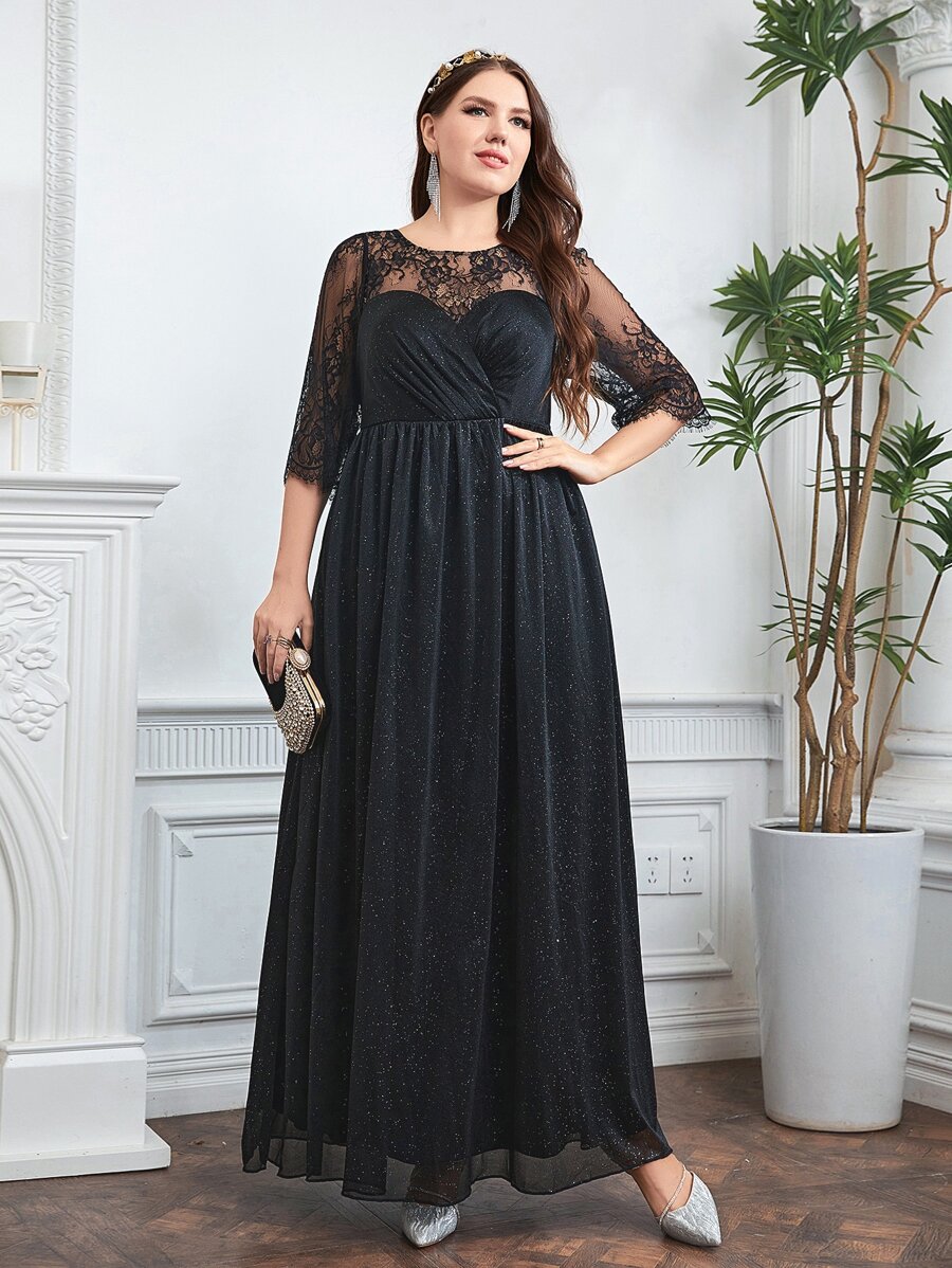 SHEIN Belle 大碼拼接蕾絲褶邊金屬亮絲伴娘洋裝