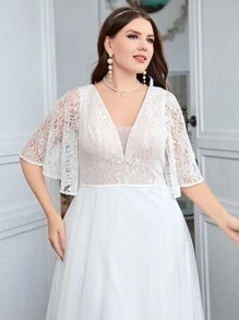 SHEIN Belle Plus Lace Panel Butterfly Sleeve Mesh Wedding Dress - White - View 2