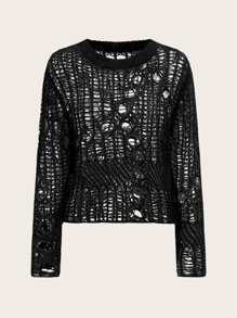 ROMWE Goth 素色薄透鏤空套頭毛衣 - 黑色 - 查看 1