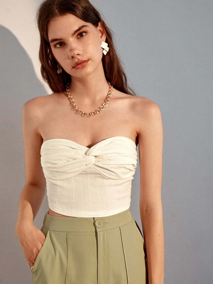 SHEIN Privé Twist Front Ruched Tube Top - Beige - View 1