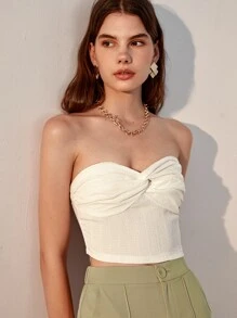 SHEIN Privé Twist Front Ruched Tube Top - Beige - View 3