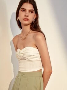 SHEIN Privé Twist Front Ruched Tube Top - Beige - View 6