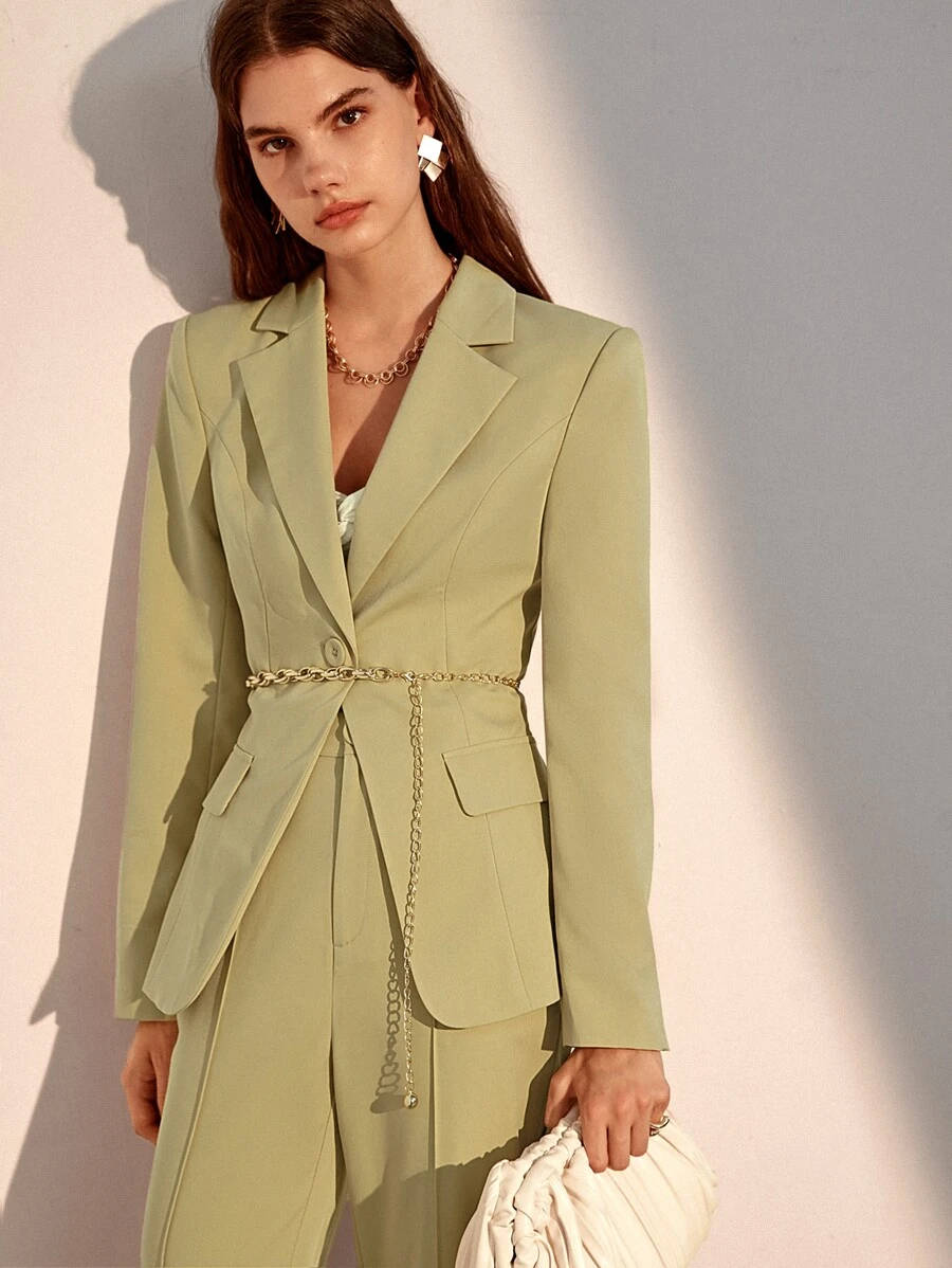 BizChic Lapel Neck Single Breasted Blazer Without Belt - Mint Green - View 1