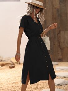 Breezaya Batwing Sleeve Button Up Split Hem Dress - Black - View 4