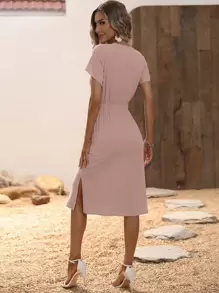 Breezaya V Neck Batwing Sleeve Button Front Dress Maxi Vacation Beach Outfits Women - Dusty Pink - View 2