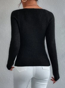 SHEIN Privé 大圓領條紋針織套頭毛衣 - 黑色 - 查看 2