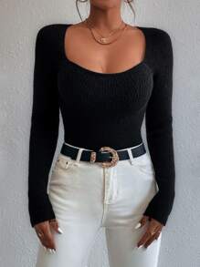 SHEIN Privé 大圓領條紋針織套頭毛衣 - 黑色 - 查看 3