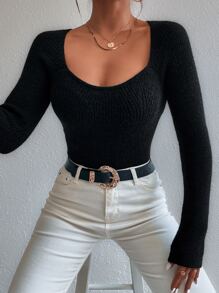 SHEIN Privé 大圓領條紋針織套頭毛衣 - 黑色 - 查看 4