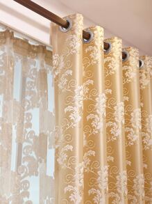 1pc Golden Floral Pattern Polyester Jacquard Luxury Style Curtain, For Living Room/Bedroom Window/Door Decoration