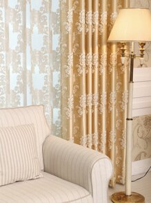 1pc Golden Floral Pattern Polyester Jacquard Luxury Style Curtain, For Living Room/Bedroom Window/Door Decoration