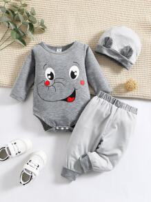 Baby Boy Cartoon Graphic Bodysuit & Joggers With Hat - Multicolor - View 1