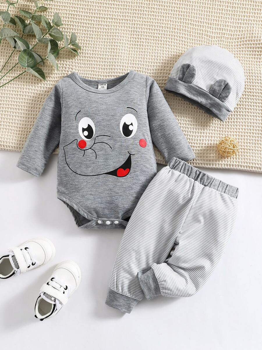 Baby Boy Cartoon Graphic Bodysuit & Joggers With Hat - Multicolor - View 1