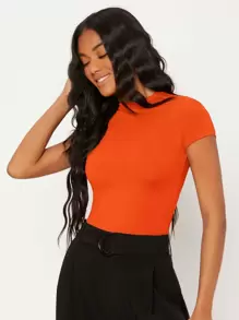 SHEIN BASICS 帽袖素色短版上衣 - 橘色 - 查看 4