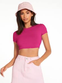 SHEIN BASICS Áo thun nữ màu trơn Giải trí - Màu đỏ tím - Xem 1