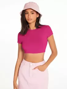 SHEIN BASICS Áo thun nữ màu trơn Giải trí - Màu đỏ tím - Xem 5