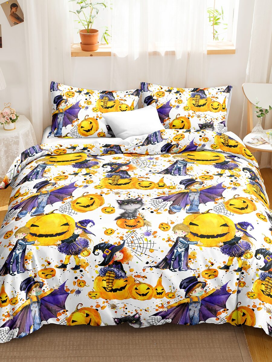 Halloween Pumpkin & Figure Graphic Duvet Cover Set Without Filler - Multicolor - View 1