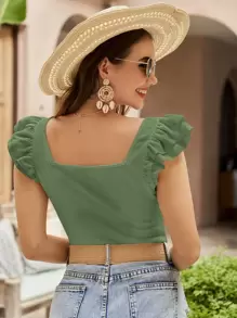 SHEIN VCAY Square Neck Ruffle Trim Tee - Green - View 4