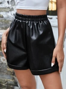 SHEIN Frenchy 彈性腰帶反摺褲腳PU皮革短褲 - 黑色 - 查看 5