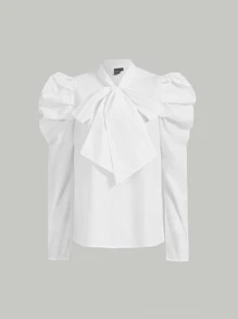 SHEIN MOD Tie Neck Gigot Sleeve Top - White - View 2