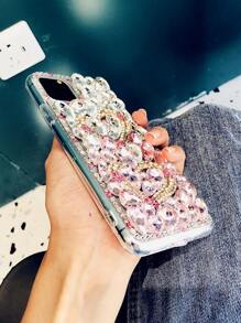 Fashionable Luxury Ombre Pink Double Heart Rhinestone Studded Metal Fully Paved Phone Case Suitable For IPhone 16 Pro Max/15 Plus/XR/7G