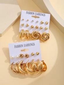 24入組心和花朵設計耳環 - 金黃色 - 查看 2