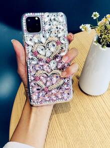 Fashionable Luxury Ombre Pink Double Heart Rhinestone Studded Metal Fully Paved Phone Case Suitable For IPhone 16 Pro Max/15 Plus/XR/7G