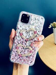 Fashionable Luxury Ombre Pink Double Heart Rhinestone Studded Metal Fully Paved Phone Case Suitable For IPhone 16 Pro Max/15 Plus/XR/7G