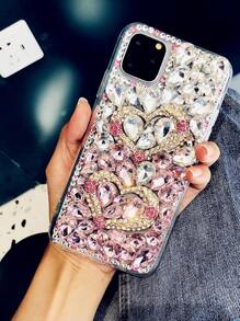Fashionable Luxury Ombre Pink Double Heart Rhinestone Studded Metal Fully Paved Phone Case Suitable For IPhone 16 Pro Max/15 Plus/XR/7G