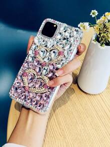 Fashionable Luxury Ombre Pink Double Heart Rhinestone Studded Metal Fully Paved Phone Case Suitable For IPhone 16 Pro Max/15 Plus/XR/7G