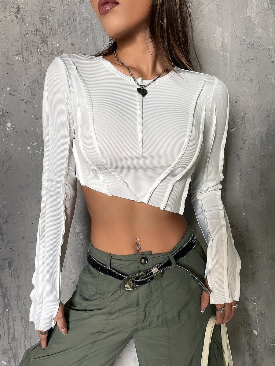 SHEIN ICON Seam Detail Crop Tee - White - View 1