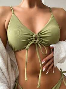 Solid Rib Drawstring Front Bikini Top
