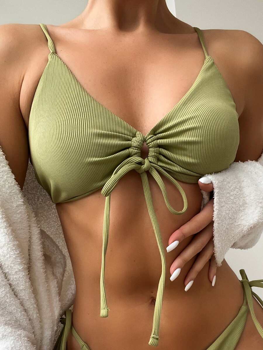 Solid Rib Drawstring Front Bikini Top