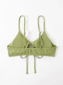 Solid Rib Drawstring Front Bikini Top