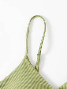 Solid Rib Drawstring Front Bikini Top