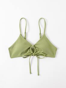 Solid Rib Drawstring Front Bikini Top