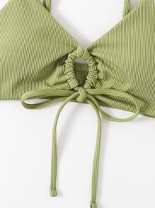 Solid Rib Drawstring Front Bikini Top