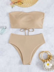 Swim Chiccia Summer Beach Rib-Knit Bikini Set Lace Up Bandeau Bra Top & High Waist Bikini Bottom 2 Pieces Bikini - Khaki - View 2