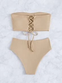 Swim Chiccia Summer Beach Rib-Knit Bikini Set Lace Up Bandeau Bra Top & High Waist Bikini Bottom 2 Pieces Bikini - Khaki - View 3