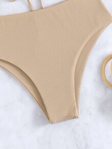 Swim Chiccia Summer Beach Rib-Knit Bikini Set Lace Up Bandeau Bra Top & High Waist Bikini Bottom 2 Pieces Bikini - Khaki - View 6
