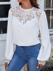 SHEIN Frenchy Contrast Lace Keyhole Back Blouse - White - View 3