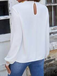 SHEIN Frenchy Contrast Lace Keyhole Back Blouse - White - View 2