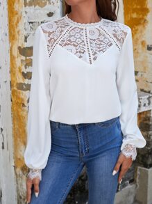 SHEIN Frenchy Contrast Lace Keyhole Back Blouse - White - View 6