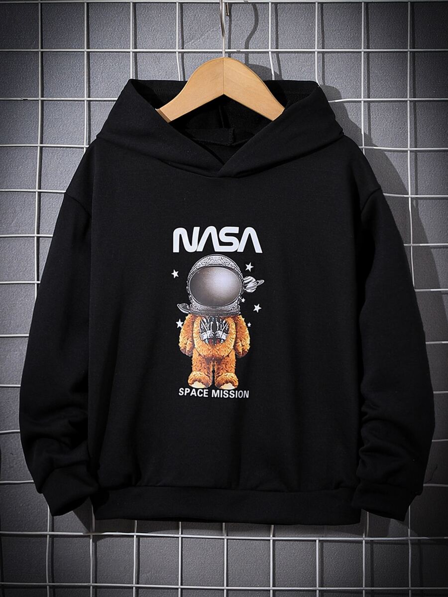 SHEIN Áo nỉ in hình gấu bông và chữ cái dành cho bé trai tuổi teen. - màu đen - Xem 1