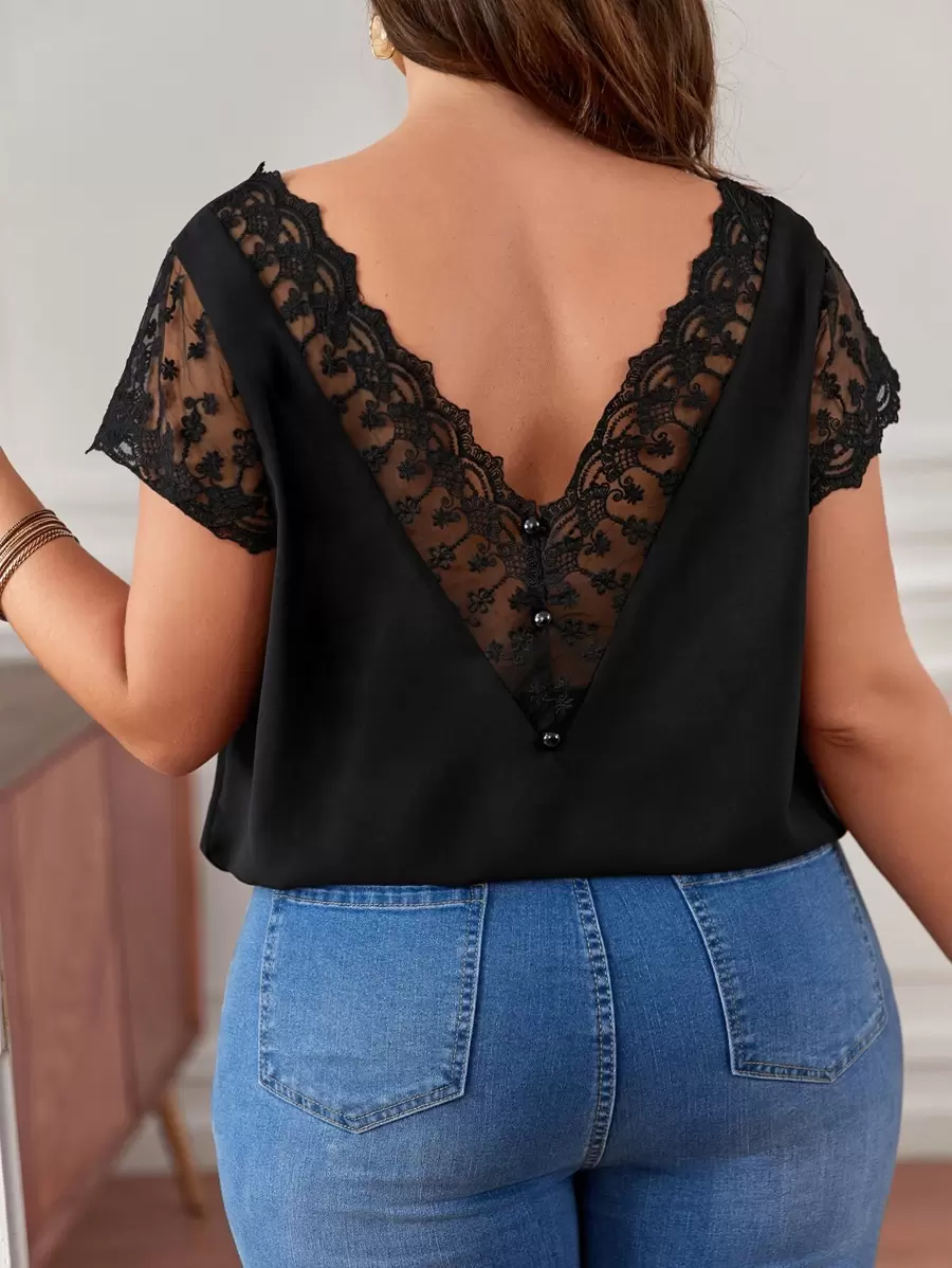 SHEIN Frenchy Plus Embroidered Mesh V Neck Blouse - Black - View 1