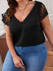 SHEIN Frenchy Plus Embroidered Mesh V Neck Blouse - Black - View 6