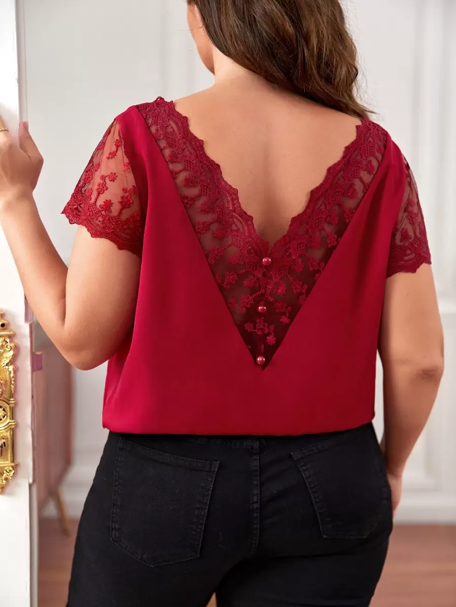 SHEIN Frenchy Plus Embroidered Mesh V Neck Blouse - Burgundy - View 1