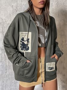 SHEIN ICON Hoodie Bản in hình khẩu hiệu & con bướm Thả vai Dây rút Dây kéo - xanh quân đội - Xem 1